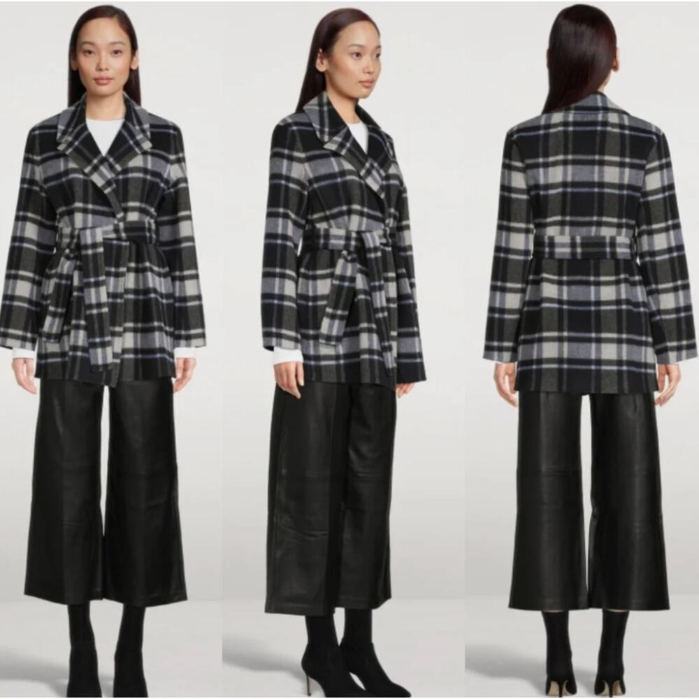 Theory Coat Women Small Alps Plaid Belted Cardigan Wool Alpaca Blend Blue Preppy